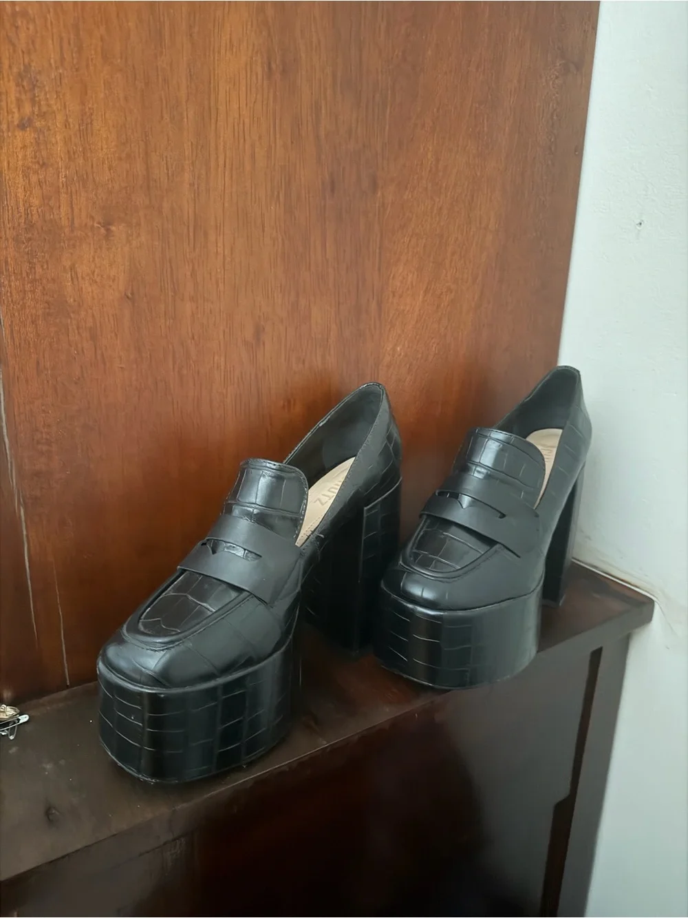 SCHUTZ Croc-Embossed Platform Penny Loafers in Black